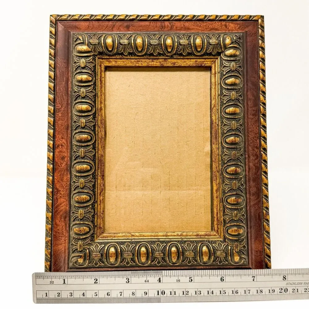 Vintage Hollywood Regency Picture Frame Faux Burl Wood Gold Ornate 4x6 Photo